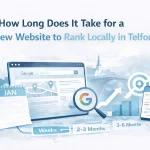 How long it takes for a new website to rank locally in Telford, illustrated with SEO growth timeline and Google search visuals.