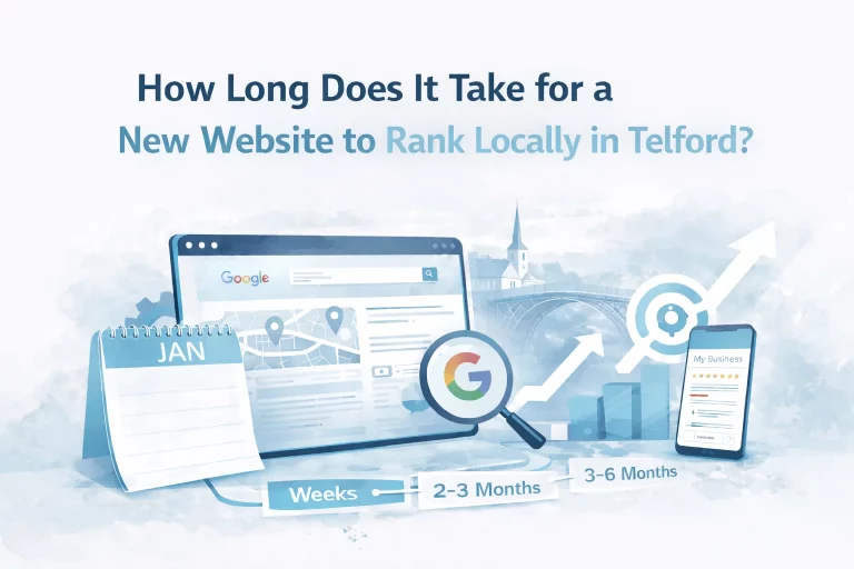 How long it takes for a new website to rank locally in Telford, illustrated with SEO growth timeline and Google search visuals.