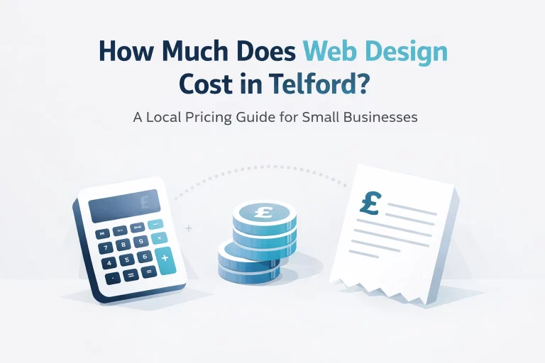 Modern web design graphic representing the cost of web design for small businesses in Telford, styled in Iron Hex Labs’ clean, performance-focused brand aesthetic.